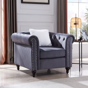 Sofa Chair; with Button and Copper nNail on Arms and Back; One White Villose Pillow; Velvet Grey (38&quot;x34.5&quot;x30&quot;)