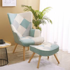 Accent Chair with Ottoman; Living Room Chair and Ottoman Set; Comfy Side Armchair for Bedroom; Creative Splicing Cloth Surface; Blue