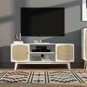 White TV Console with Rattan Door; Boho TV Stand for Bedroom; Living Room