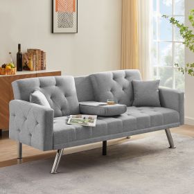 Square Arm Armrests Grey Linen Convertible Sofa and Bed (Color: gray)