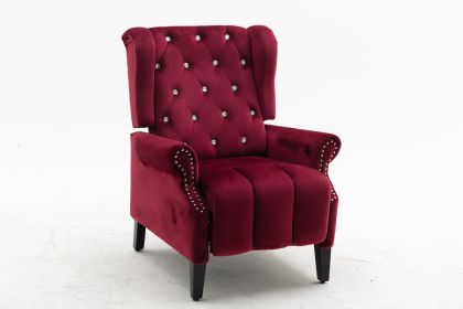 Diamond Tufted Red Velvet push back recliner, wingback armchair for living room (Color: Red)