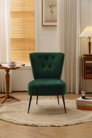Tufted back Green velvet fabric farmhouse slipper chair accent chair with black metal legs for dining room living room bedroom (Color: Dark Green)