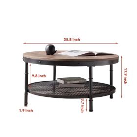 WESOME 2-Tier Single Panel Round Coffee Table for Living Room and Bedroom;  with 3D Texture Metal Frame and Mesh (Color: Walnut)