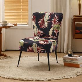 Tufted back Green velvet fabric farmhouse slipper chair accent chair with black metal legs for dining room living room bedroom (Color: Black+ Flower)