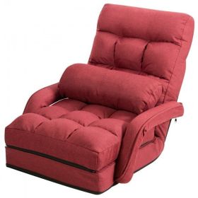 Folding Lazy Floor Chair Sofa with Armrests and Pillow (Color: Red)